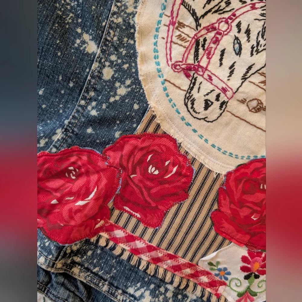 Upcycled Cowgirl Denim Vest w vintage embroidered horses, HANDMADE ITEM - Picture 2 of 6